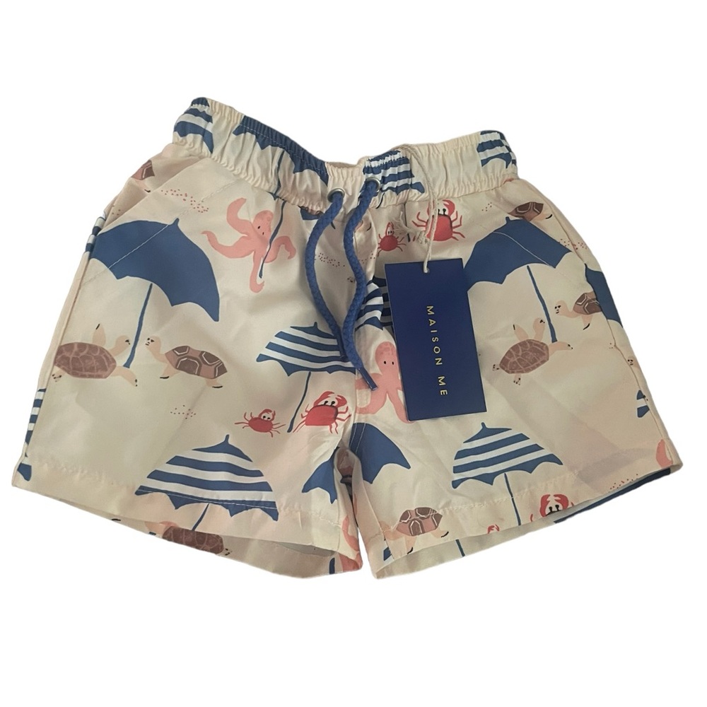 Maison Me Kids' Pink & Blue Beach Print Swim Trunks